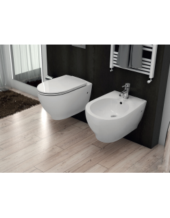 RAK CERAMICS Zestaw Moon Miska WC podwieszana 56x36 cm, rimless, biały połysk + deska WC slim wolnoopadająca.